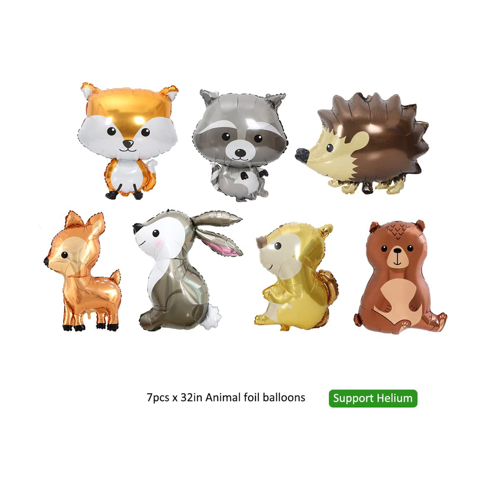 Finypa 7PCS Forest Animal Balloons – Jumbo Woodland Party Decor (Fox, Hedgehog, Squirrel, Bear, Deer, Raccoon, Rabbit)