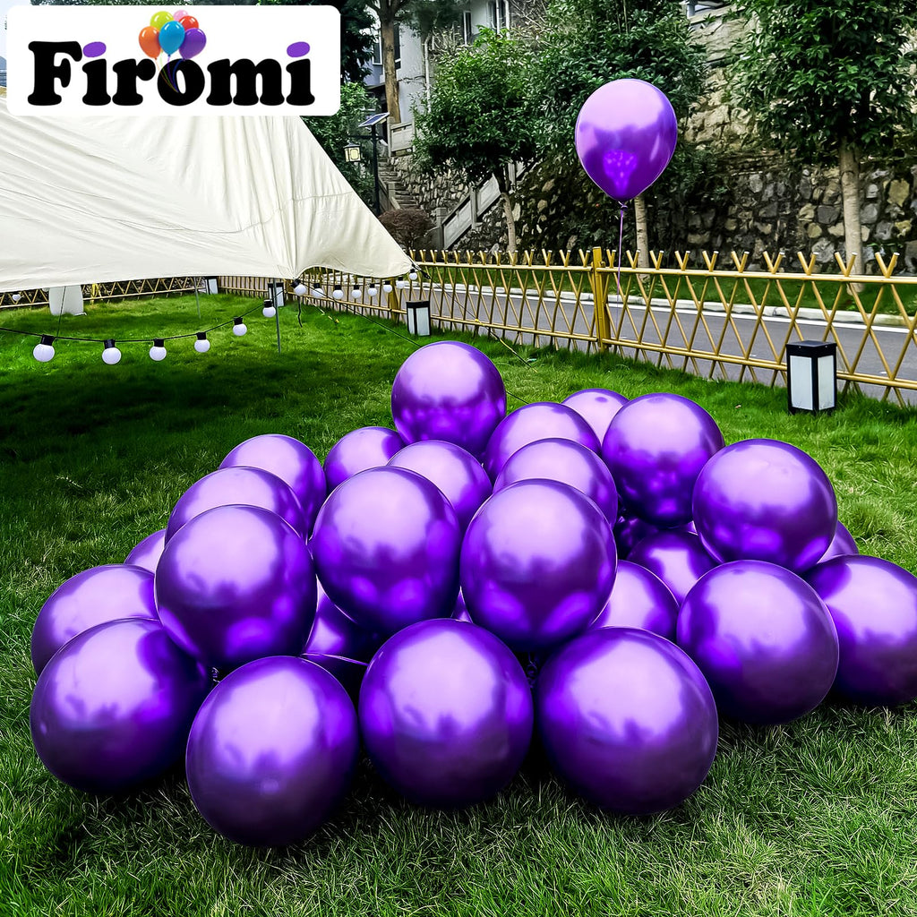 Firomi Metallic Purple Balloons (12in) – 100 Pack Chrome Latex with 3 Ribbons