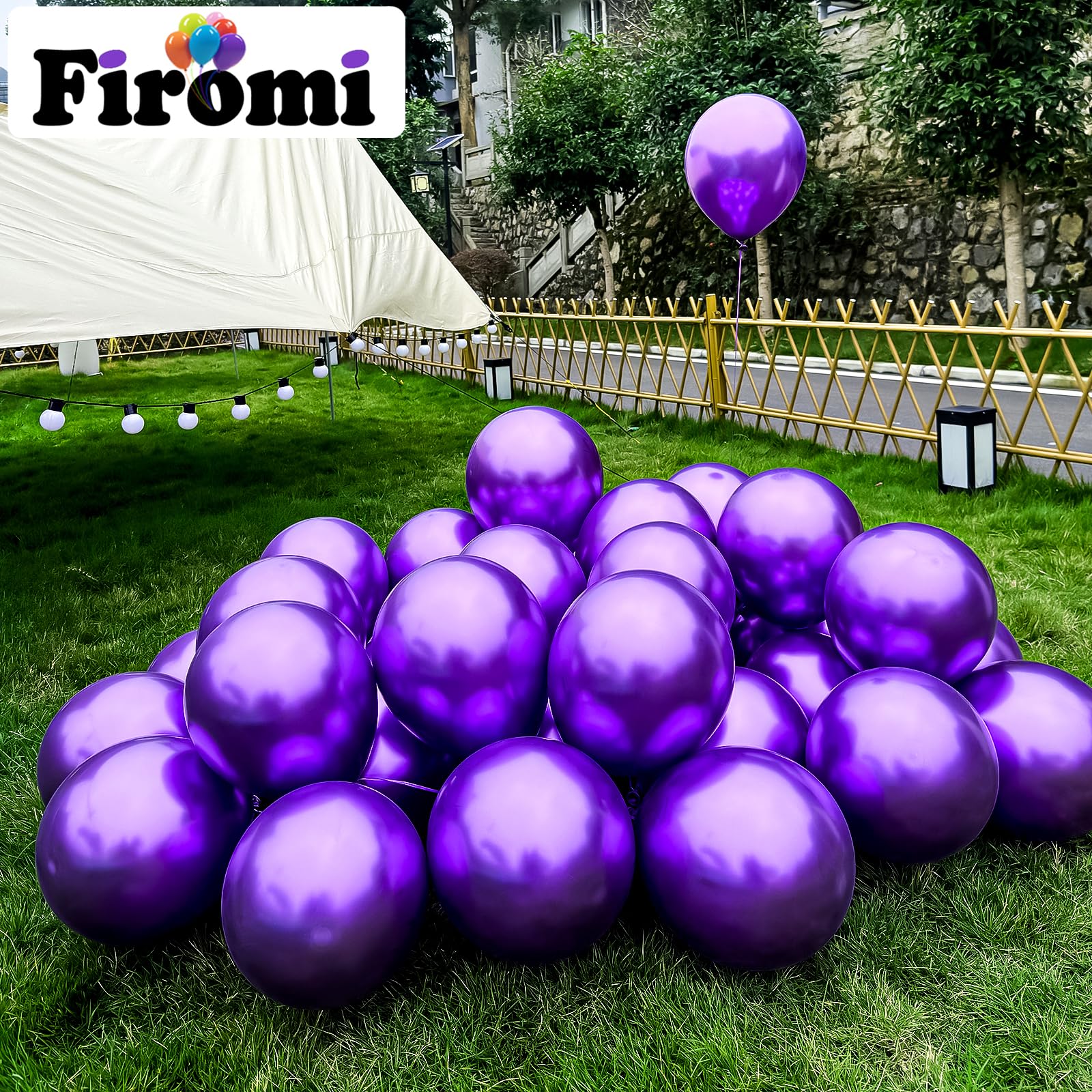Firomi Metallic Purple Balloons (12in) – 100 Pack Chrome Latex with 3 Ribbons