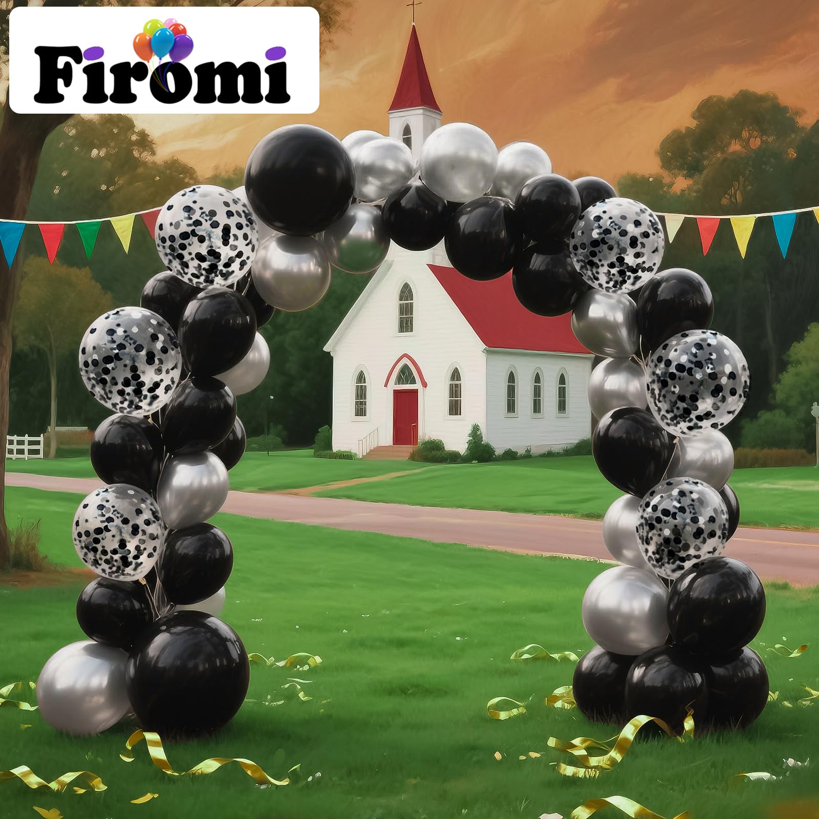 Firomi Metallic Chrome Silver & Black Balloons 70 Pack - 12in Confetti Set with Ribbons