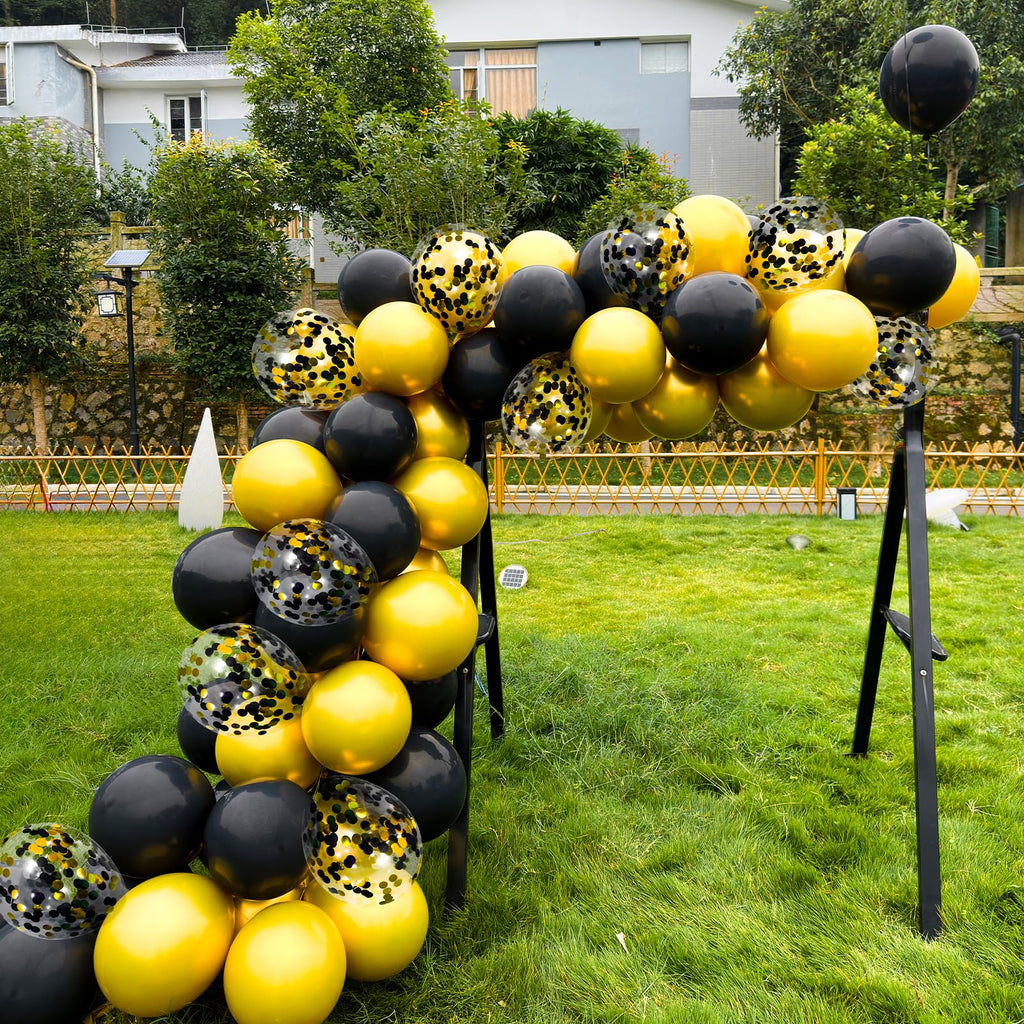 Firomi 12-inch Metallic Chrome Gold & Black Latex Balloons – 70 Pack with 2 Ribbons