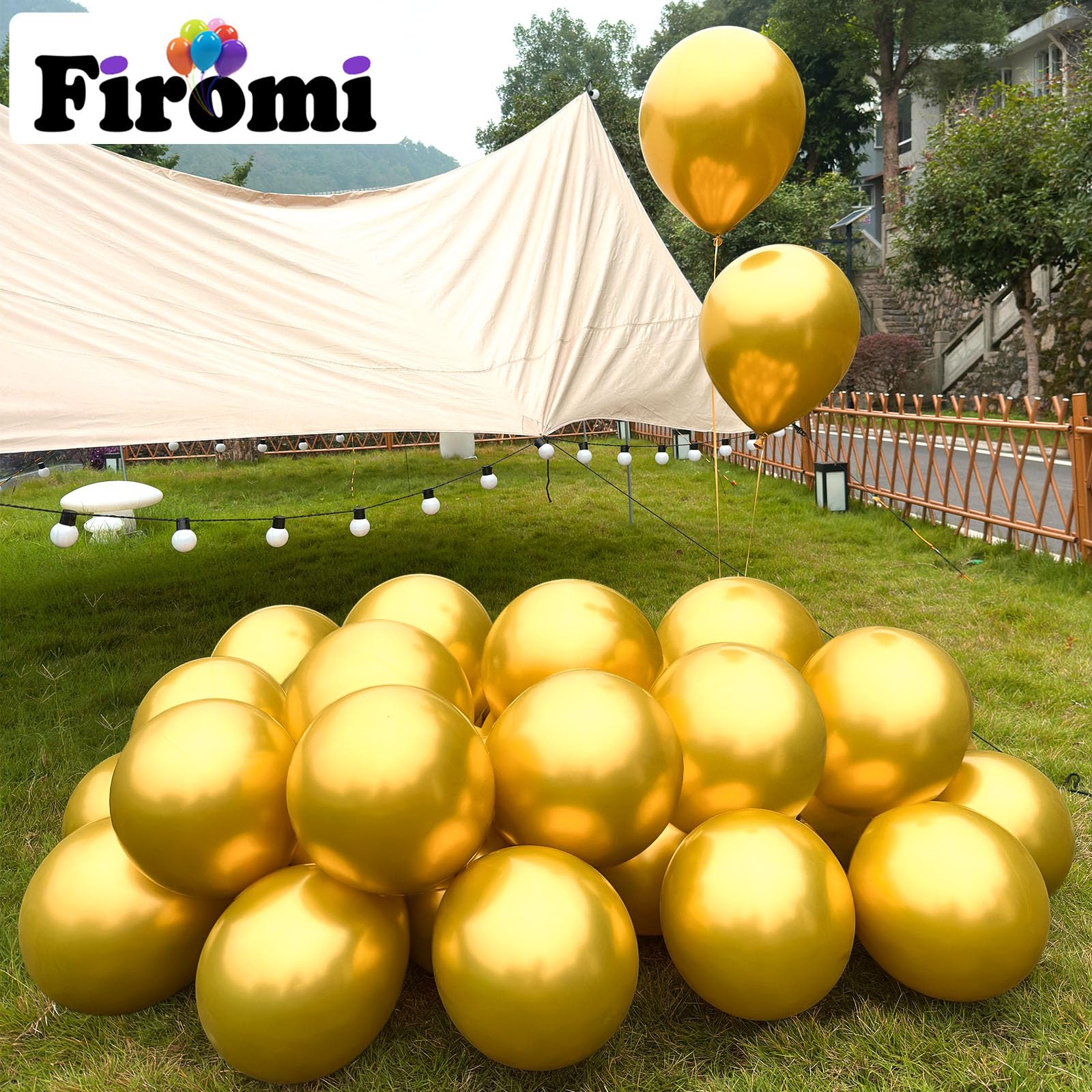 Firomi Metallic Gold Balloons 12-inch – 100 Pack Chrome Gold Latex with 3 Ribbons