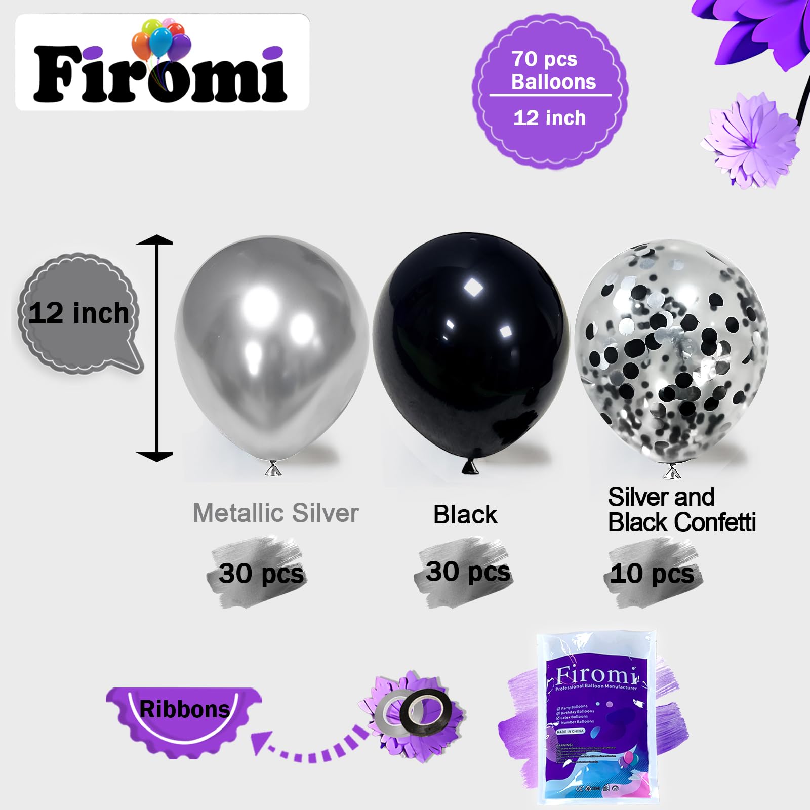 Firomi Metallic Chrome Silver & Black Balloons 70 Pack - 12in Confetti Set with Ribbons