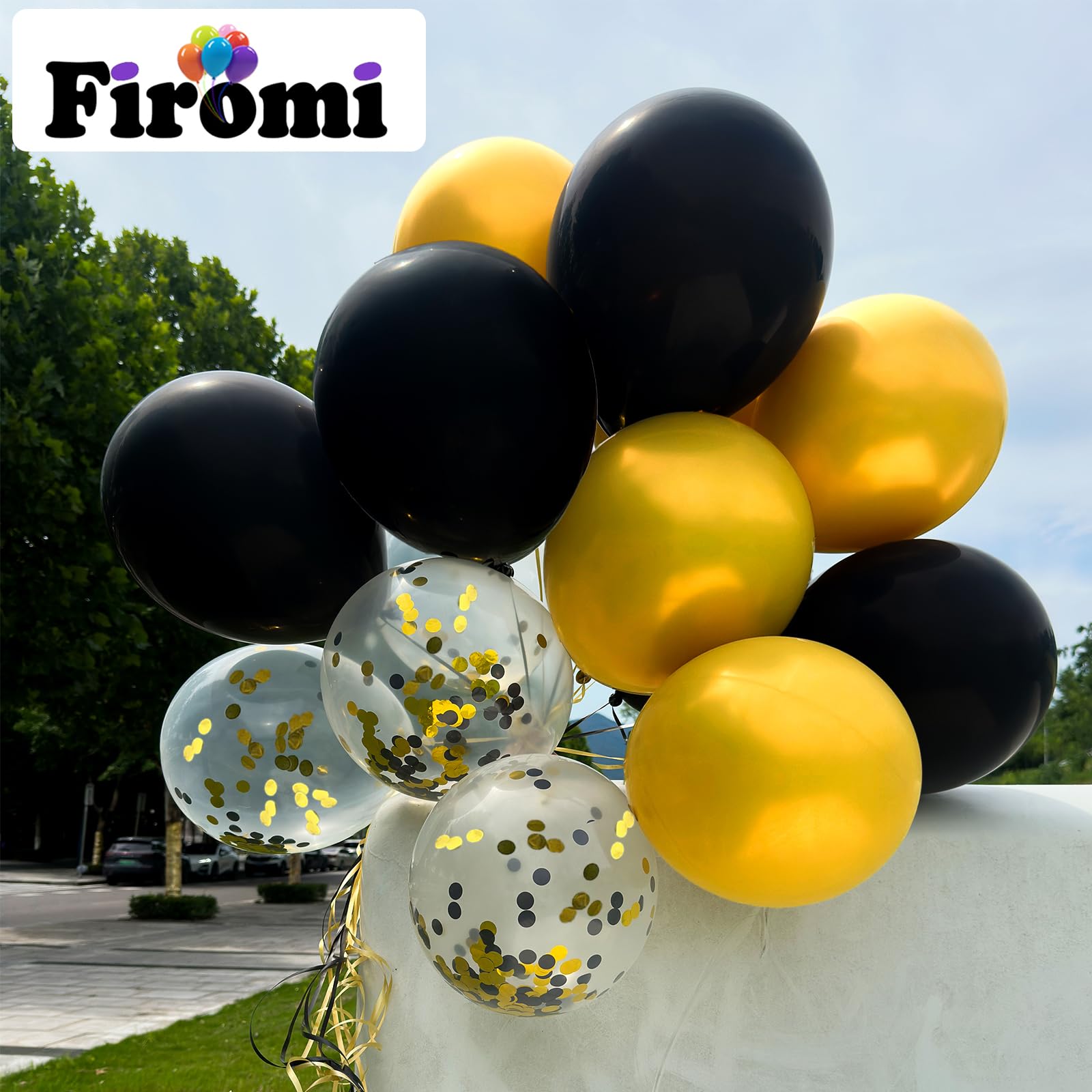 Firomi 12-inch Metallic Chrome Gold & Black Latex Balloons – 70 Pack with 2 Ribbons