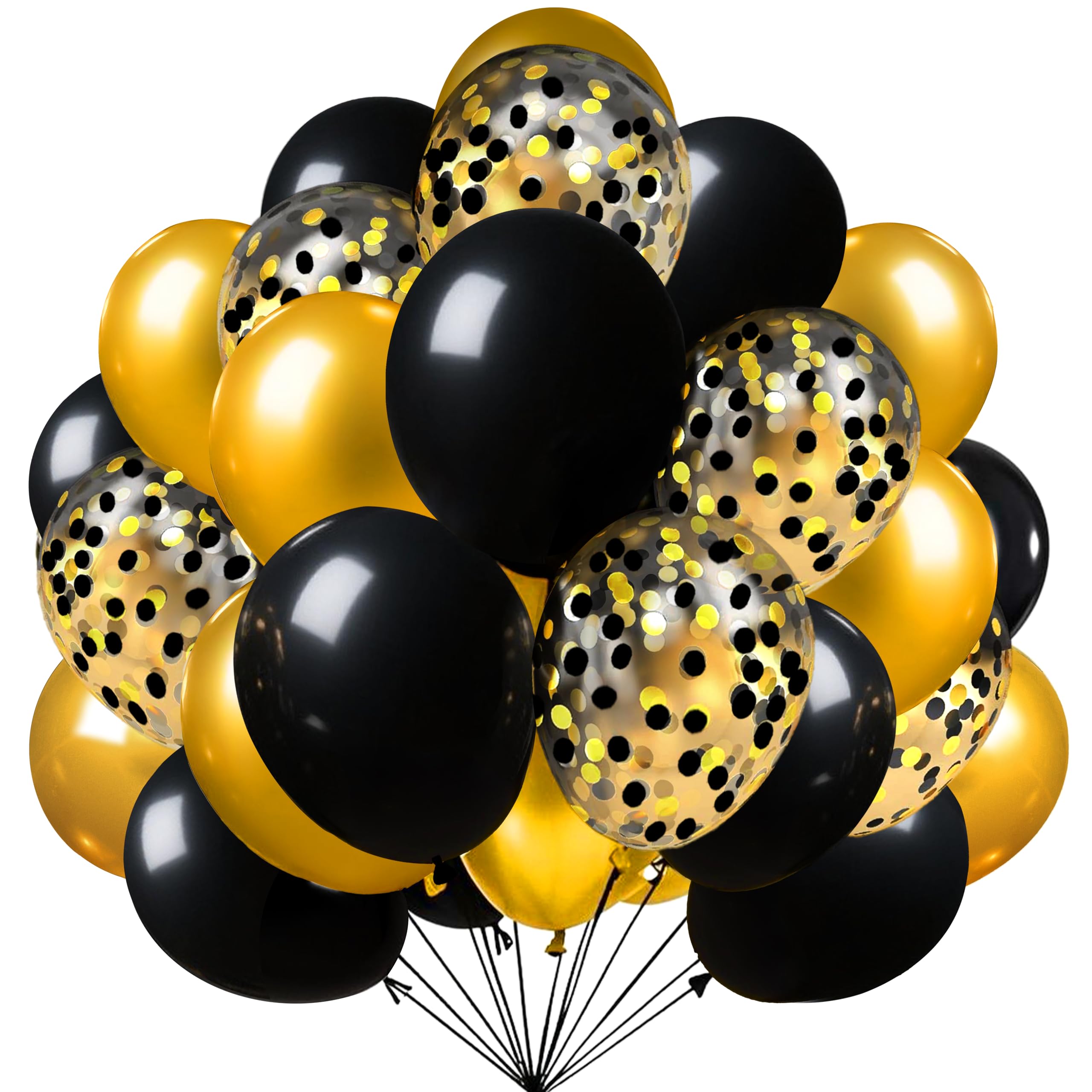 Firomi 12-inch Metallic Chrome Gold & Black Latex Balloons – 70 Pack with 2 Ribbons