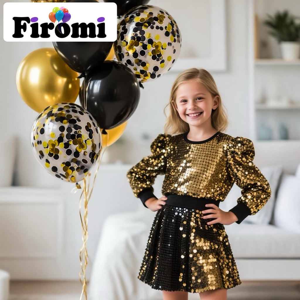 Firomi 12-inch Metallic Chrome Gold & Black Latex Balloons – 70 Pack with 2 Ribbons