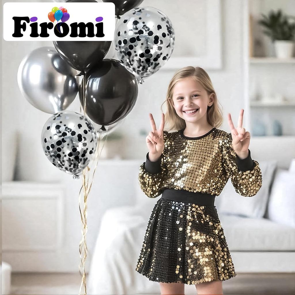 Firomi Metallic Chrome Silver & Black Balloons 70 Pack - 12in Confetti Set with Ribbons