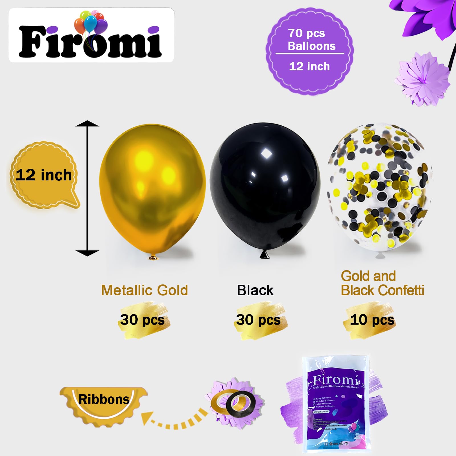Firomi 12-inch Metallic Chrome Gold & Black Latex Balloons – 70 Pack with 2 Ribbons