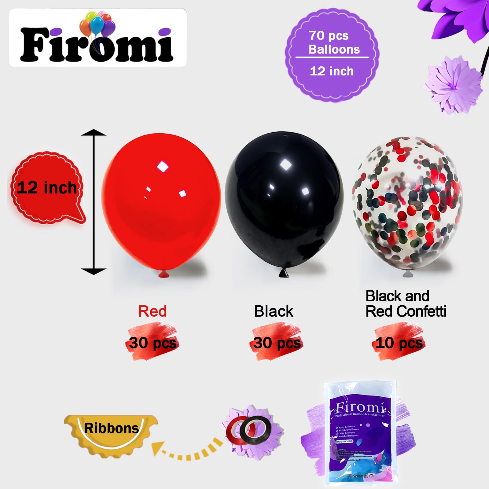 Firomi Red & Black Latex Balloons 12in - 70pc Set with Confetti & Ribbons
