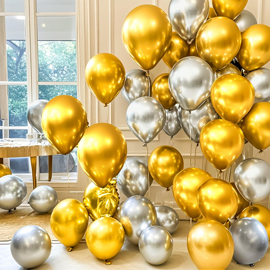 Firomi Metallic Gold Balloons 12-inch – 100 Pack Chrome Gold Latex with 3 Ribbons