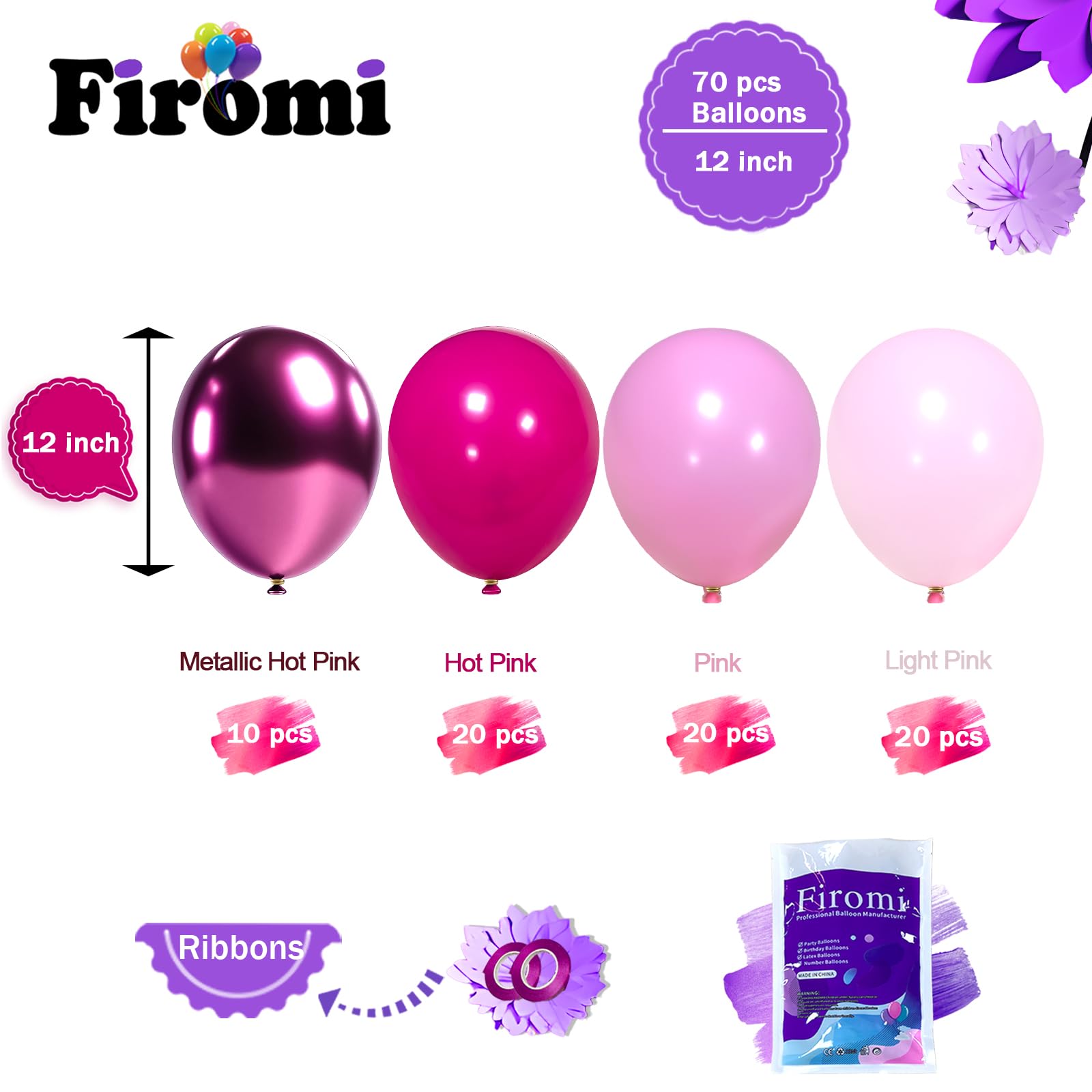 Firomi Metallic Pink Balloons Set – 70 Count 12in Chrome Hot Pink & Light Pink Latex (Includes 2 Ribbons)