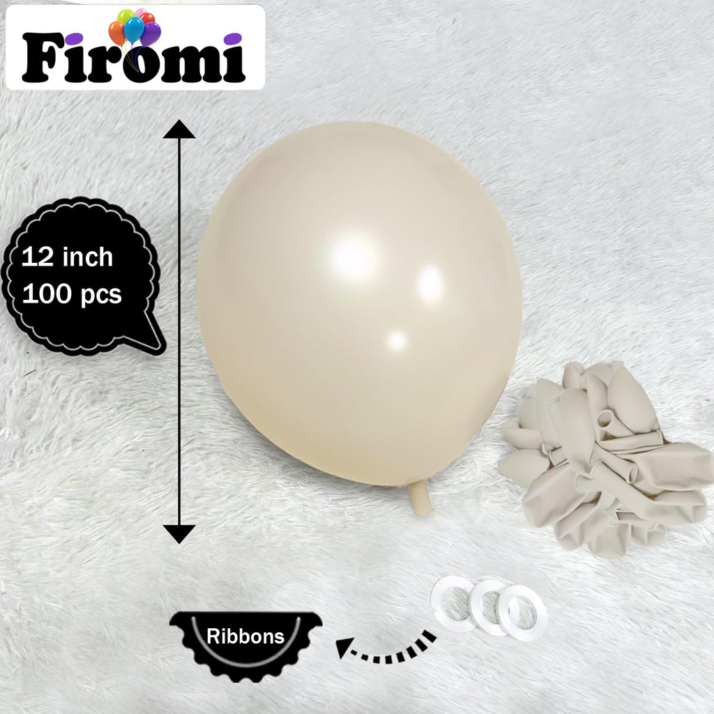 Firomi Beige Balloons 12in – 100 Pack Thickened Latex (3 Ribbons)