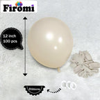 Firomi Beige Balloons 12in – 100 Pack Thickened Latex (3 Ribbons)