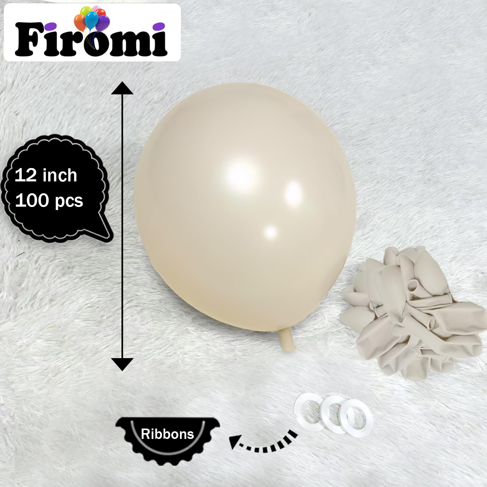 Firomi Beige Balloons 12in – 100 Pack Thickened Latex (3 Ribbons)