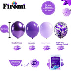 Firomi Metallic Purple Balloons Set – 70-Pack 12in Chrome Purple, Lavender & Confetti with 2 Ribbons
