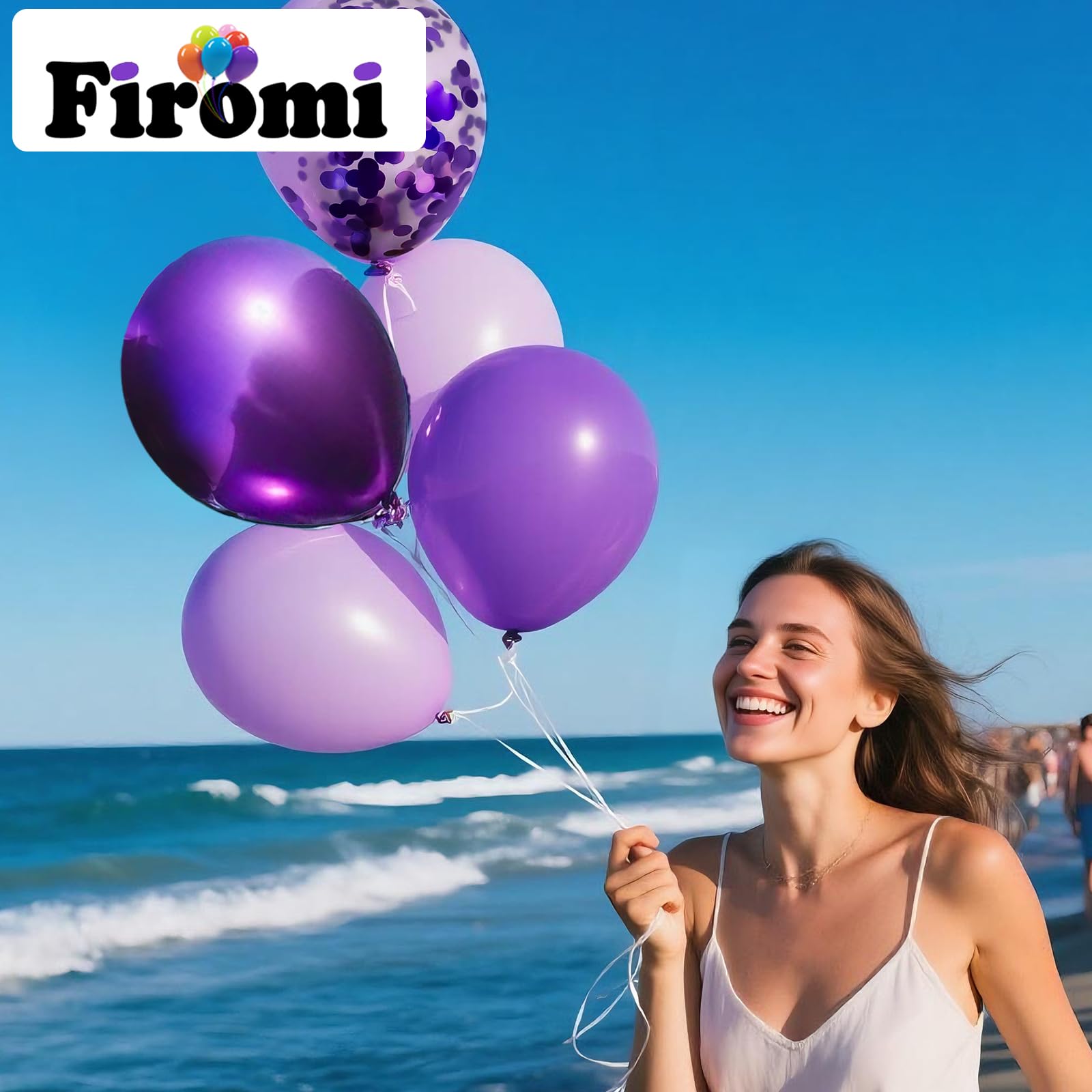 Firomi Metallic Purple Balloons Set – 70-Pack 12in Chrome Purple, Lavender & Confetti with 2 Ribbons