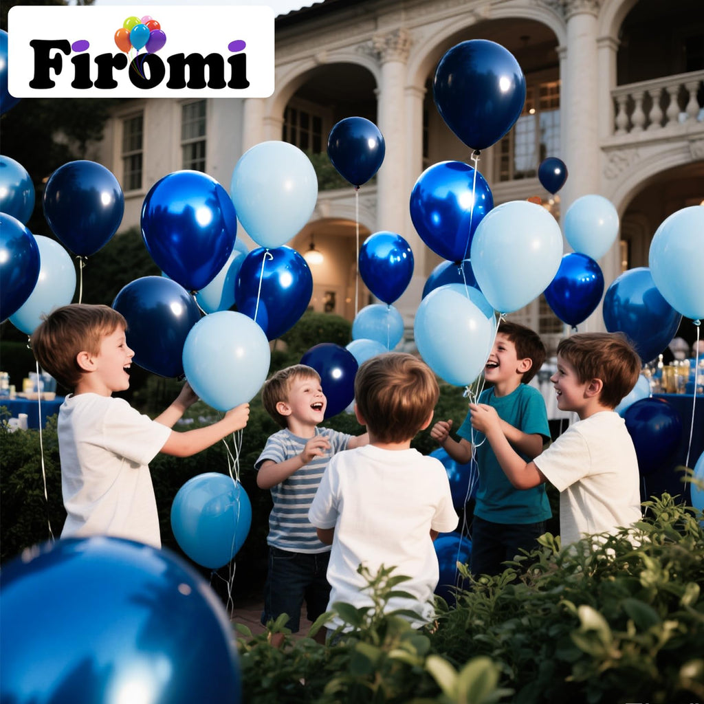 Firomi Metallic Blue Balloons Set – 70pc, 12in Chrome and Navy Blue + 2 Ribbons