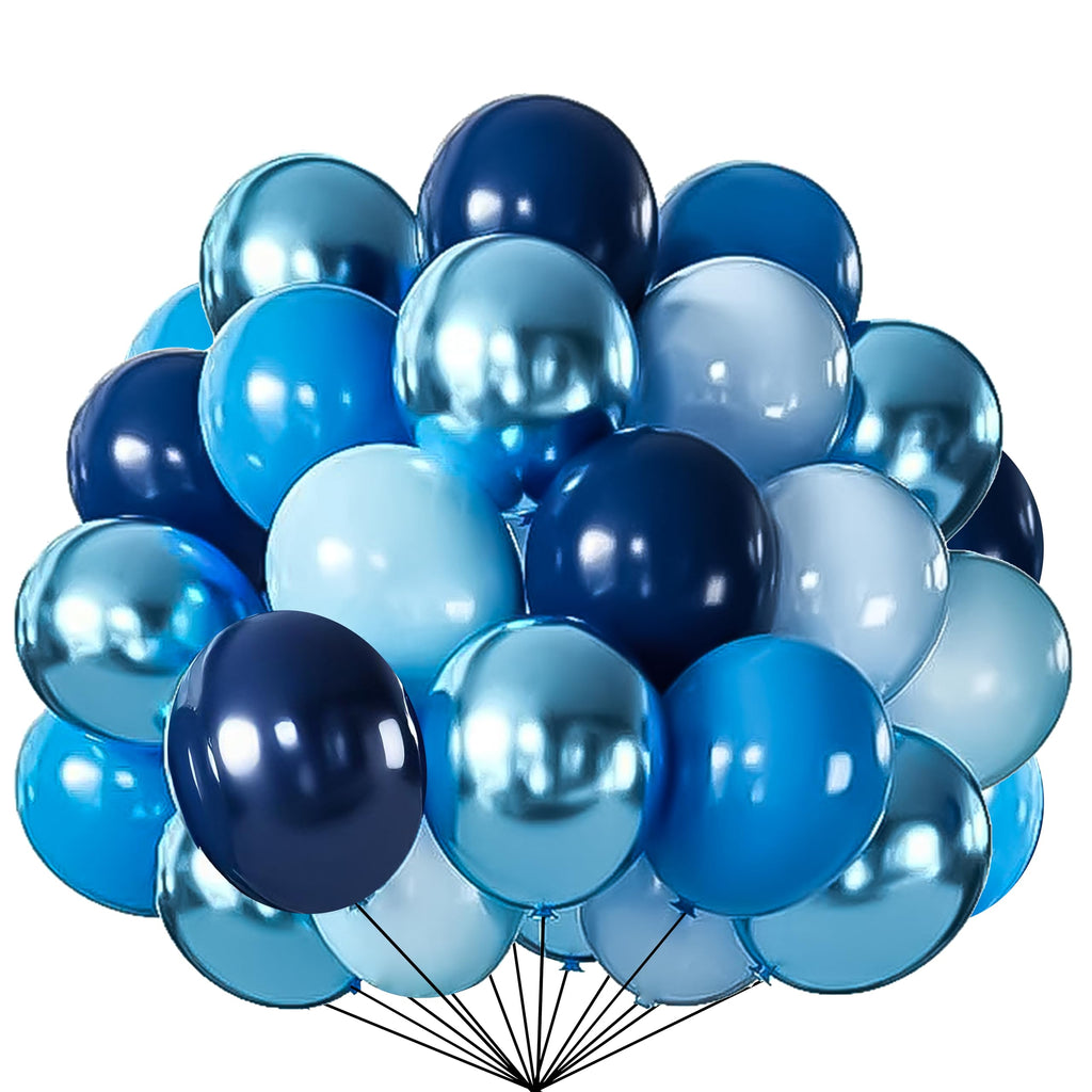 Firomi Metallic Blue Balloons Set – 70pc, 12in Chrome and Navy Blue + 2 Ribbons