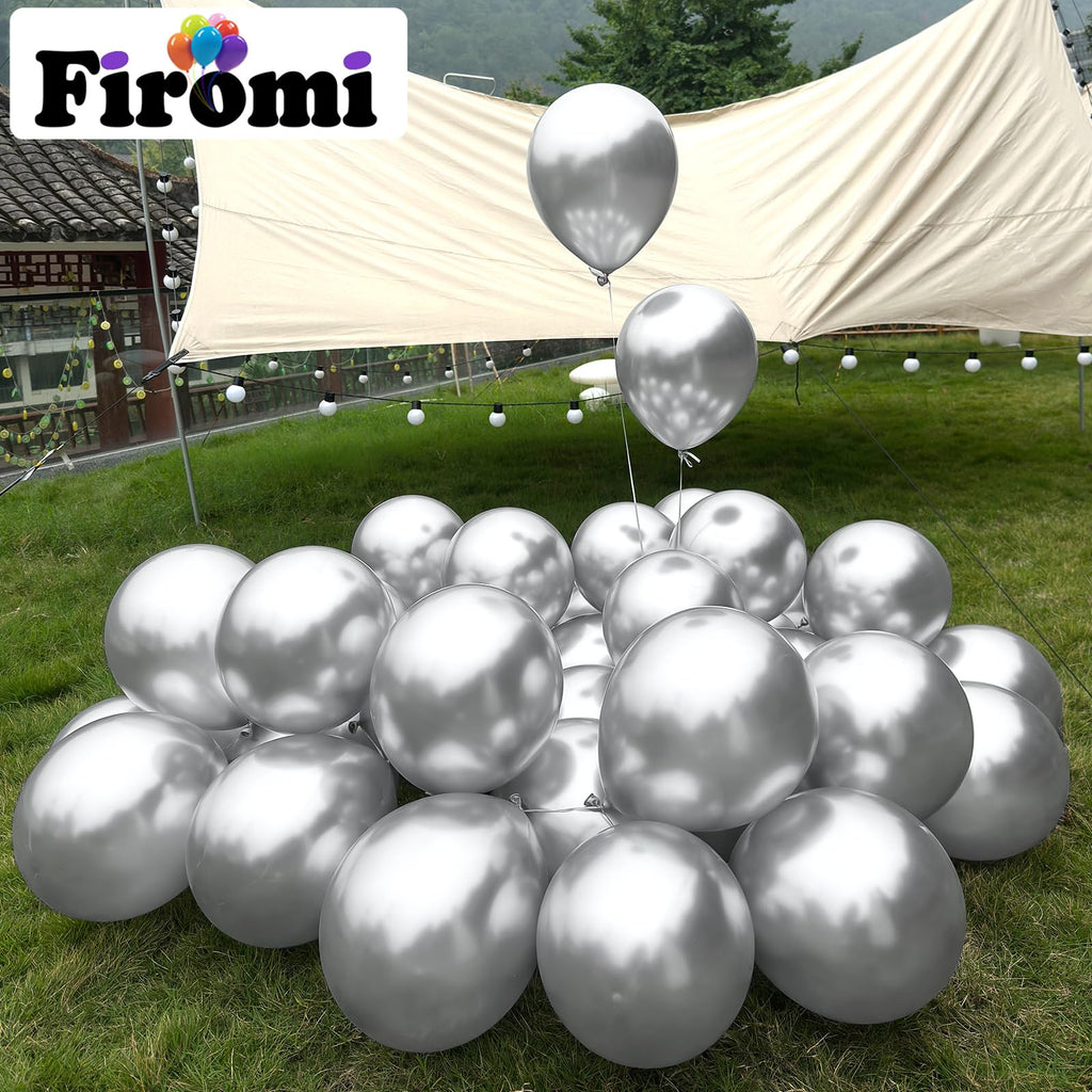 Firomi Metallic Silver Balloons 12-inch – 100 Pack with 3 Ribbons | Chrome Latex Party Decor