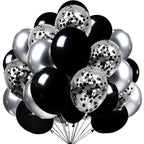 Firomi Metallic Chrome Silver & Black Balloons 70 Pack - 12in Confetti Set with Ribbons
