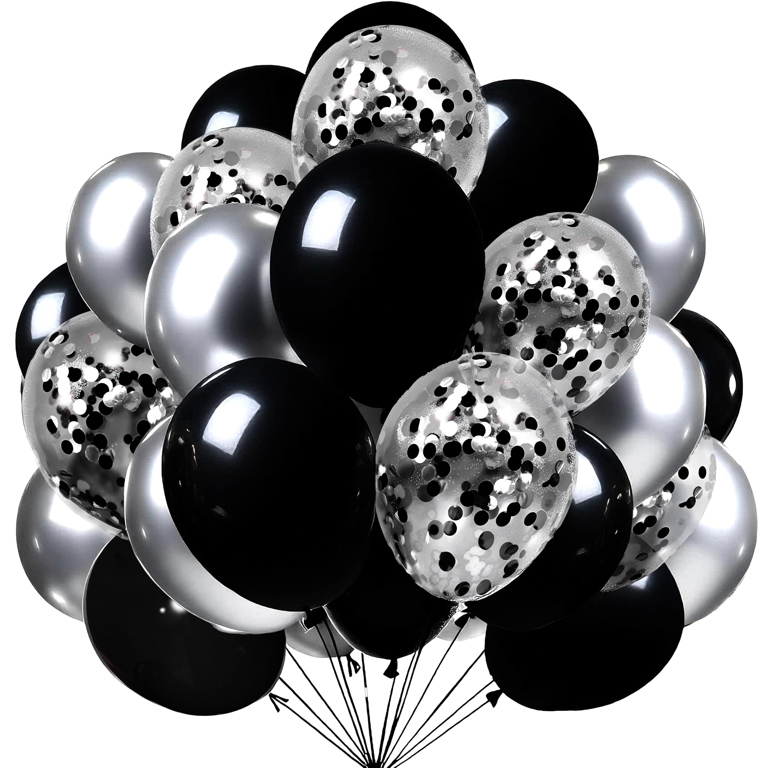 Firomi Metallic Chrome Silver & Black Balloons 70 Pack - 12in Confetti Set with Ribbons