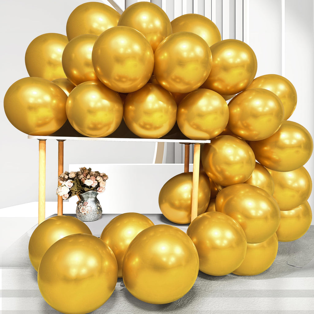 Firomi Metallic Gold Balloons 12-inch – 100 Pack Chrome Gold Latex with 3 Ribbons