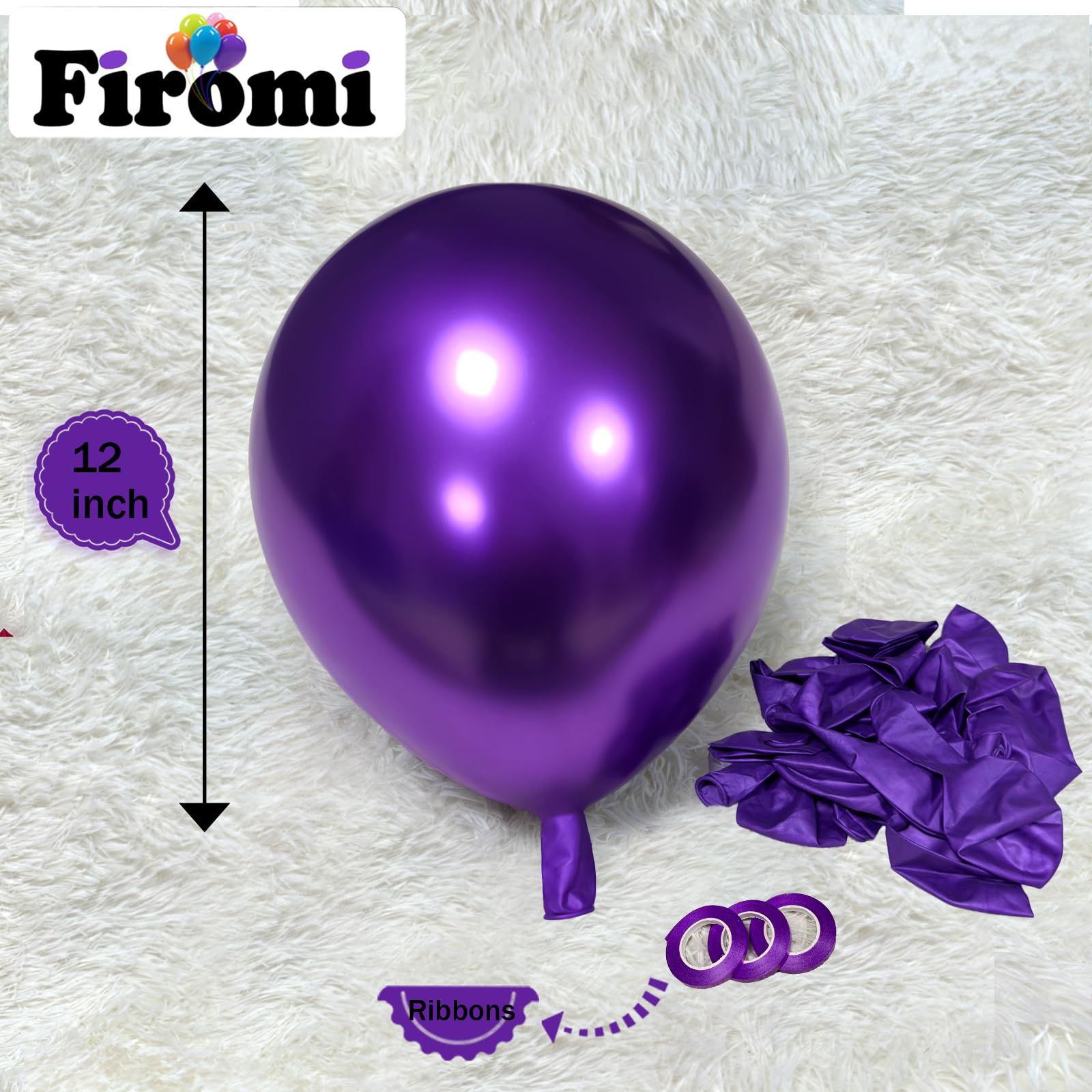 Firomi Metallic Purple Balloons (12in) – 100 Pack Chrome Latex with 3 Ribbons