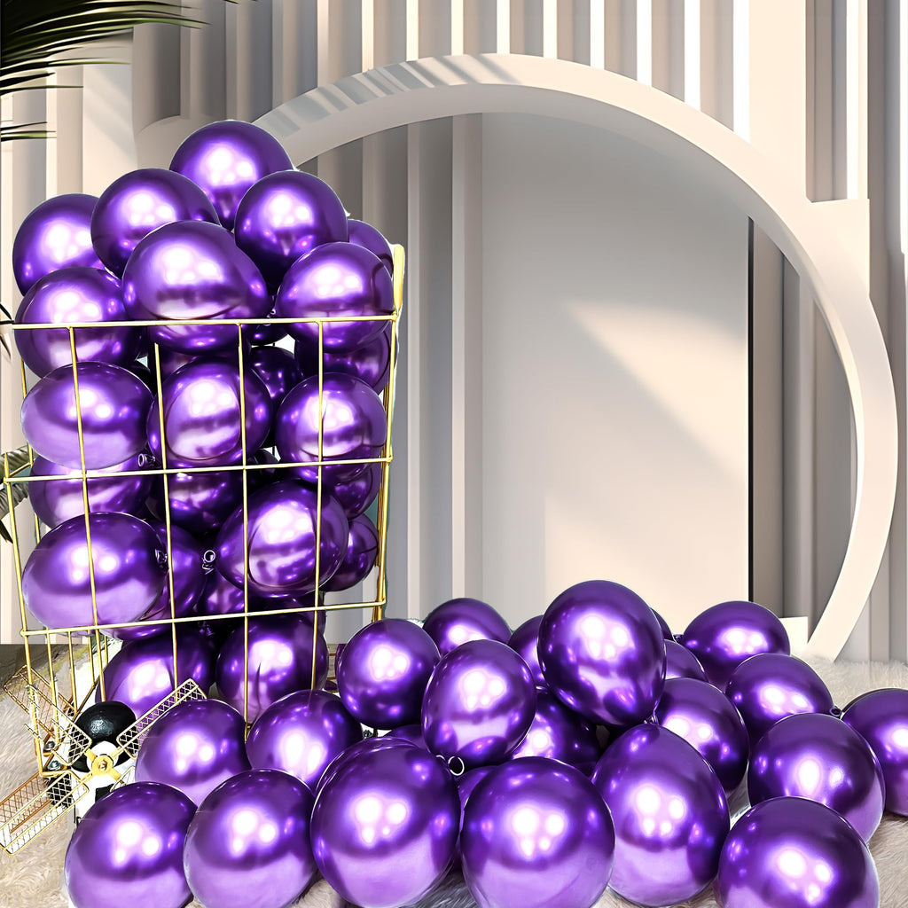 Firomi Metallic Purple Balloons 5-Inch 100 Pack with Ribbons