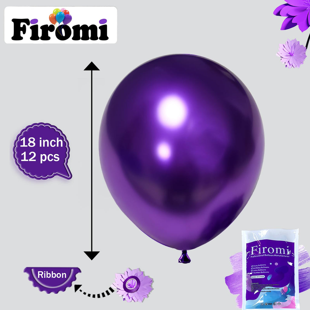 Firomi Metallic Purple Balloons 18-Inch 12-Pack | Thick Latex, Ribbon Included
