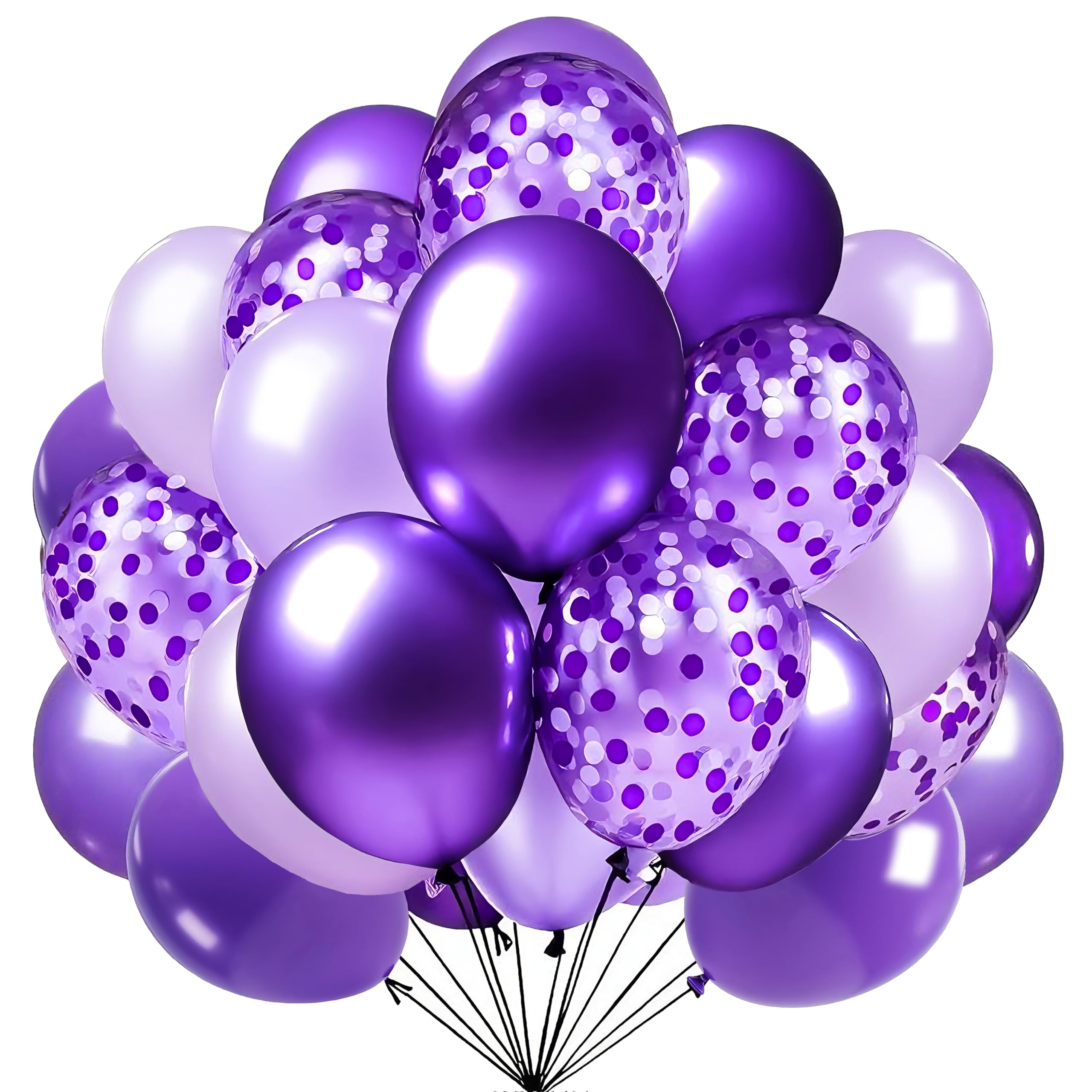 Firomi Metallic Purple Balloons Set – 70-Pack 12in Chrome Purple, Lavender & Confetti with 2 Ribbons