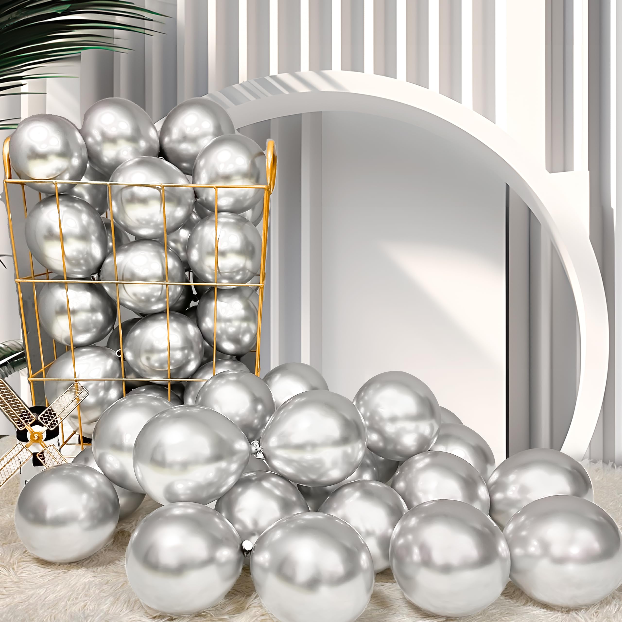 Firomi Metallic Silver 5-Inch Latex Balloons – 100 Pack with 2 Ribbons for Weddings & Parties