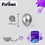 Firomi Metallic Silver 5-Inch Latex Balloons – 100 Pack with 2 Ribbons for Weddings & Parties