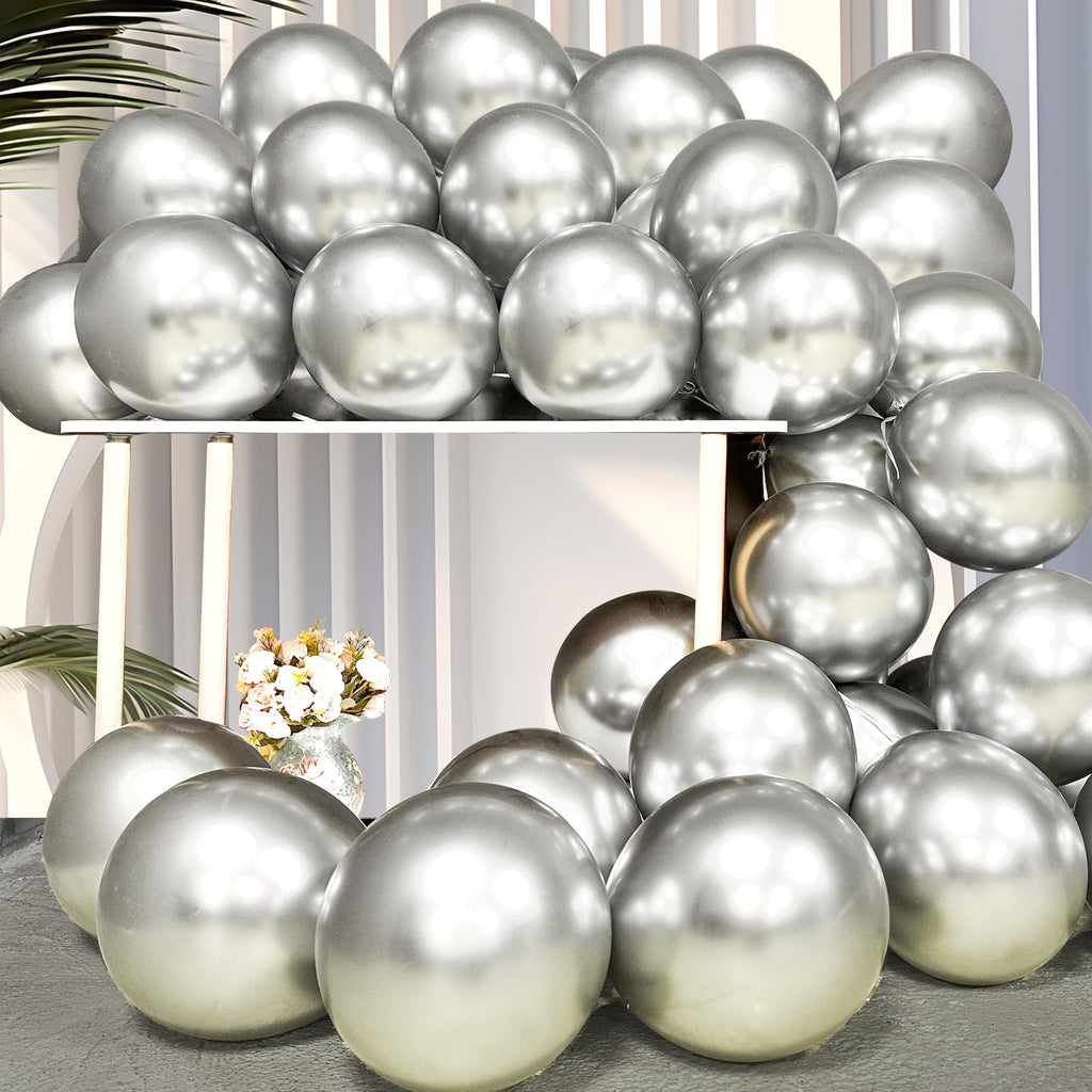 Firomi Metallic Silver Balloons 12-inch – 100 Pack with 3 Ribbons | Chrome Latex Party Decor