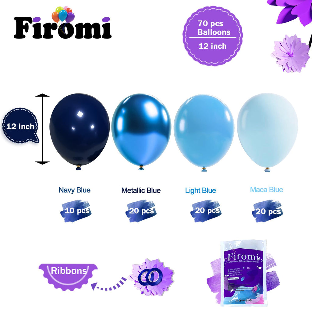Firomi Metallic Blue Balloons Set – 70pc, 12in Chrome and Navy Blue + 2 Ribbons