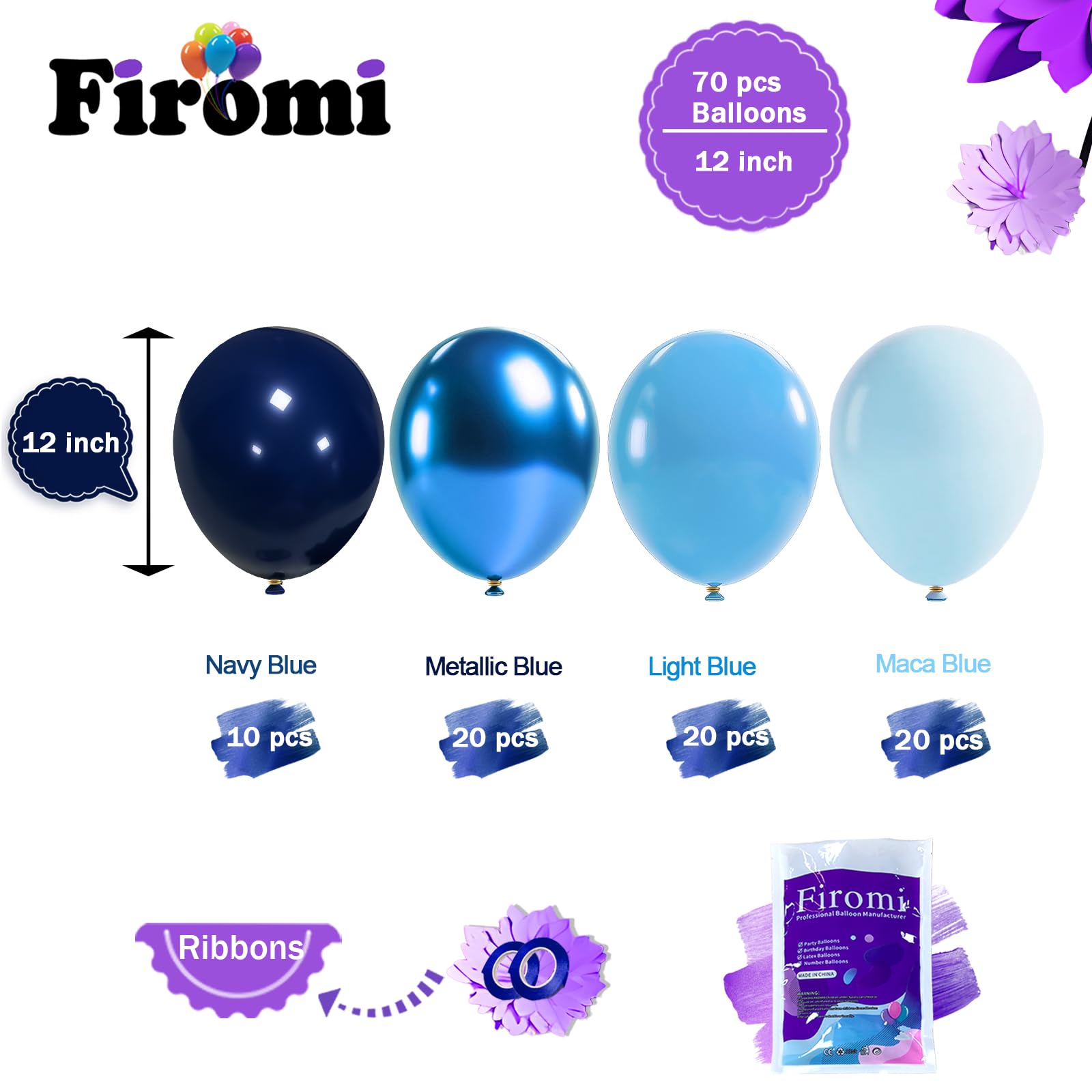 Firomi Metallic Blue Balloons Set – 70pc, 12in Chrome and Navy Blue + 2 Ribbons