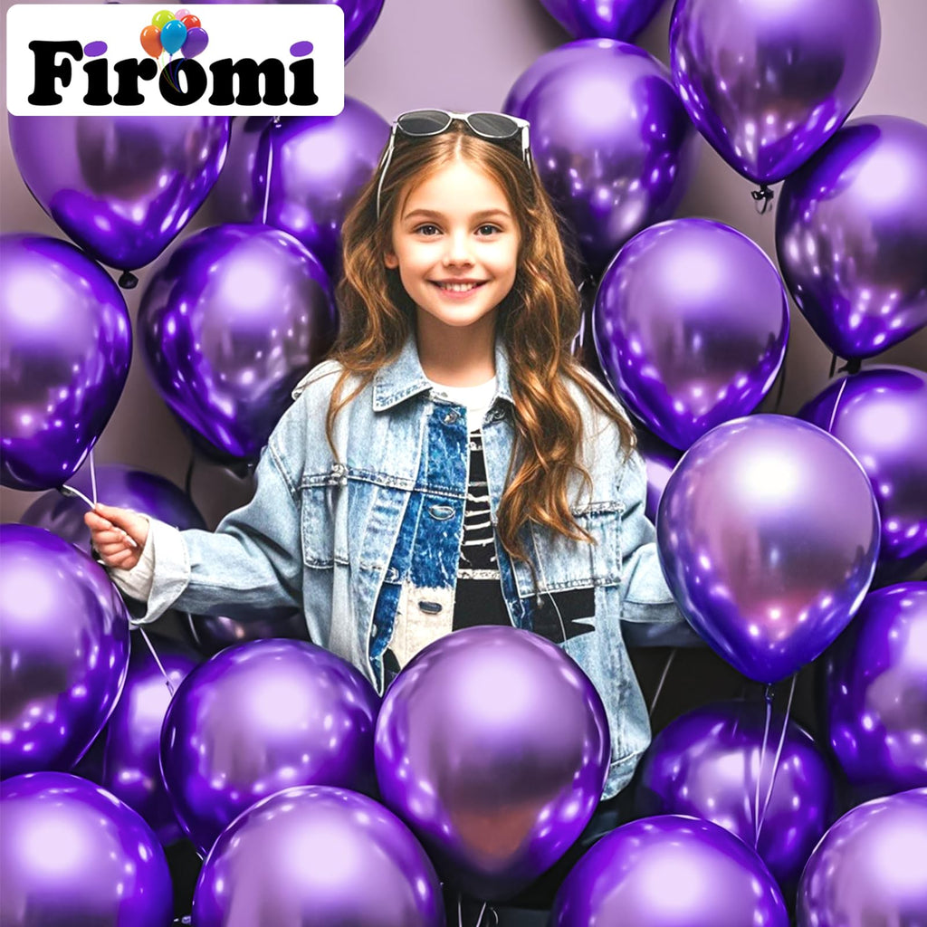 Firomi Metallic Purple Balloons (12in) – 100 Pack Chrome Latex with 3 Ribbons