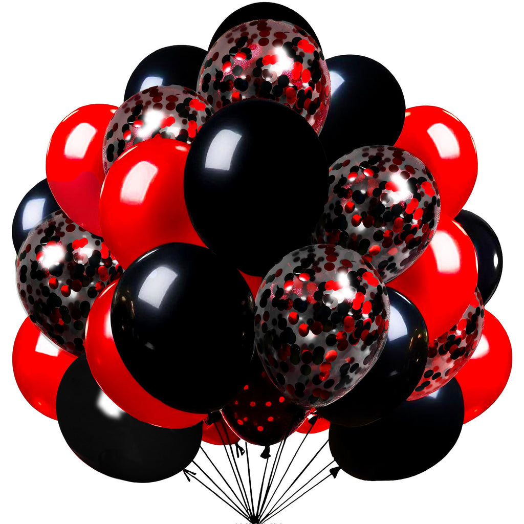 Firomi Red & Black Latex Balloons 12in - 70pc Set with Confetti & Ribbons