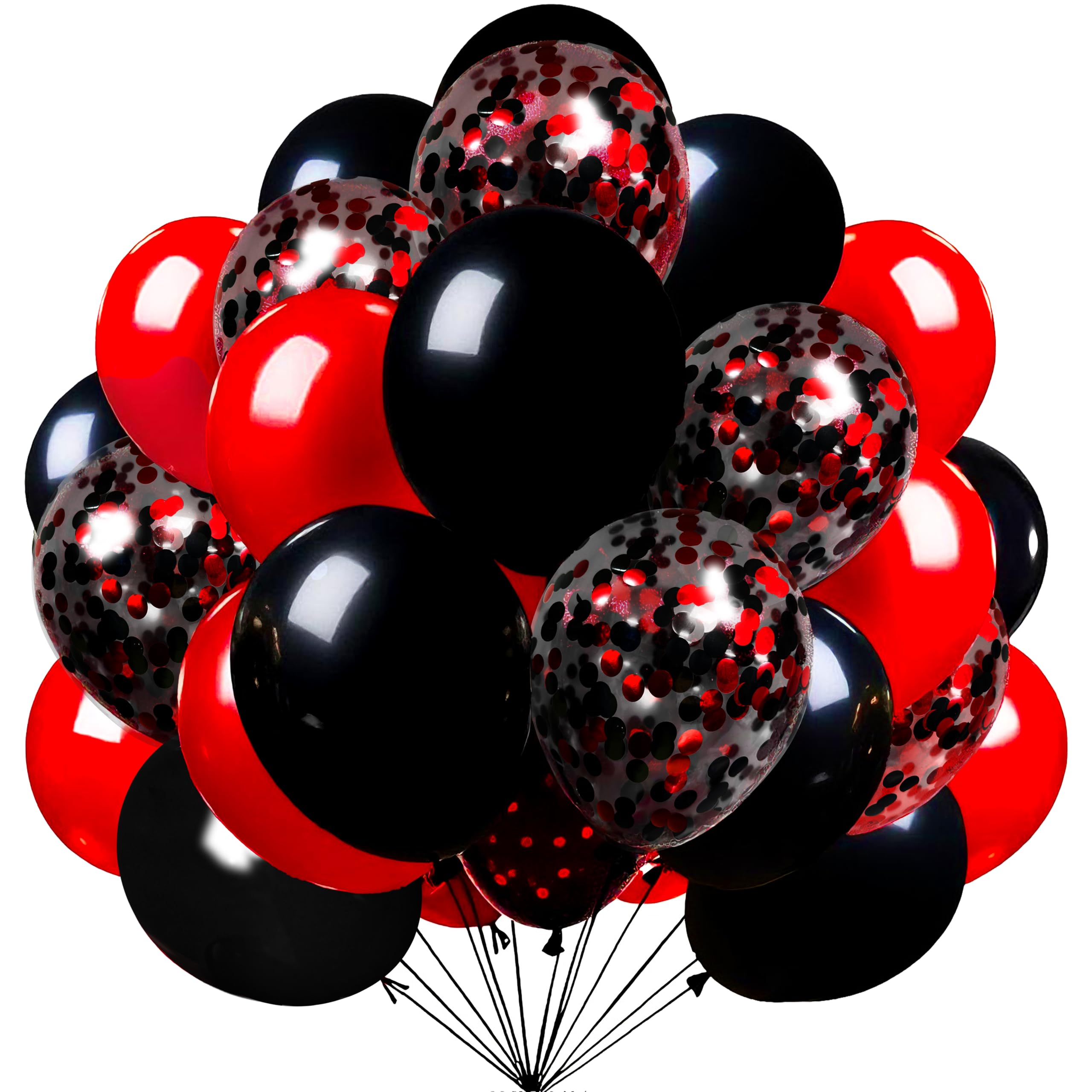 Firomi Red & Black Latex Balloons 12in - 70pc Set with Confetti & Ribbons
