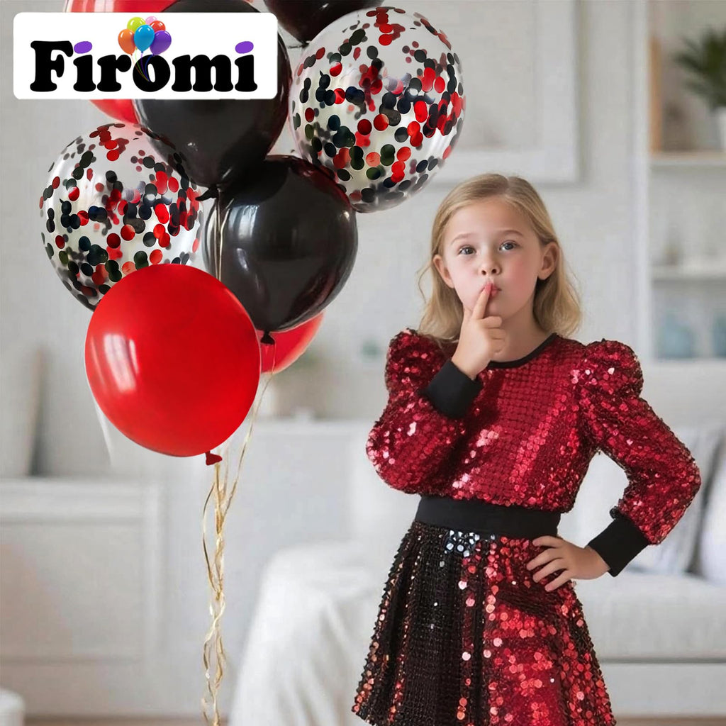 Firomi Red & Black Latex Balloons 12in - 70pc Set with Confetti & Ribbons