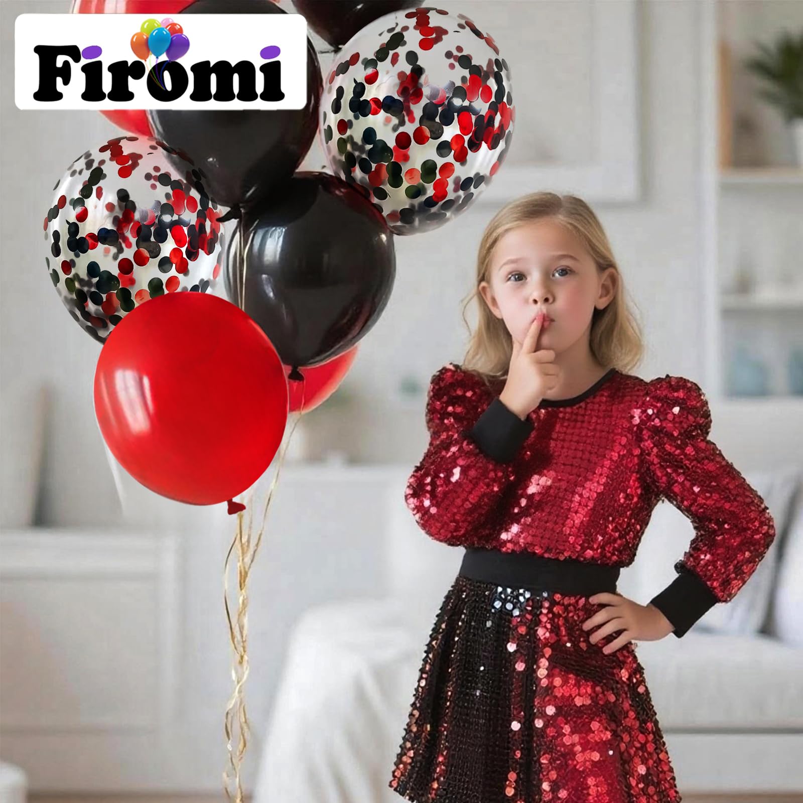 Firomi Red & Black Latex Balloons 12in - 70pc Set with Confetti & Ribbons