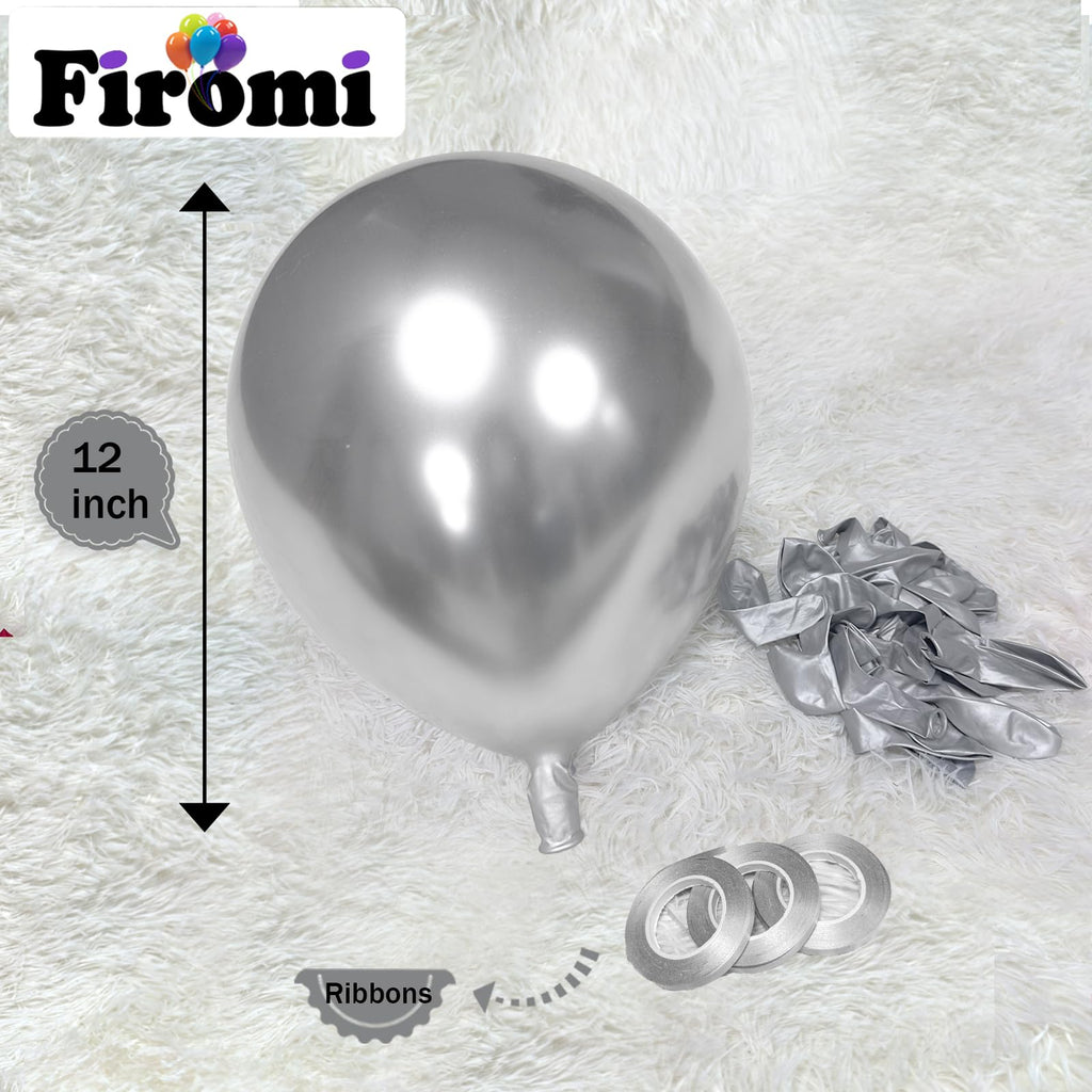 Firomi Metallic Silver Balloons 12-inch – 100 Pack with 3 Ribbons | Chrome Latex Party Decor