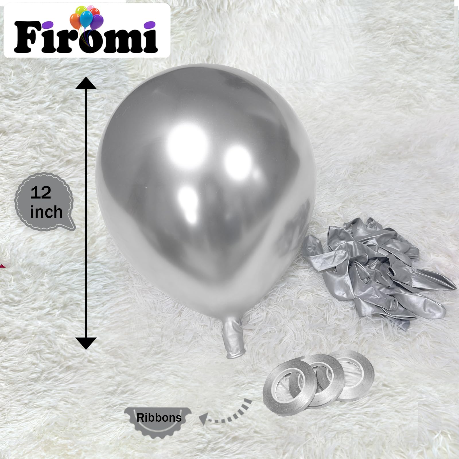 Firomi Metallic Silver Balloons 12-inch – 100 Pack with 3 Ribbons | Chrome Latex Party Decor