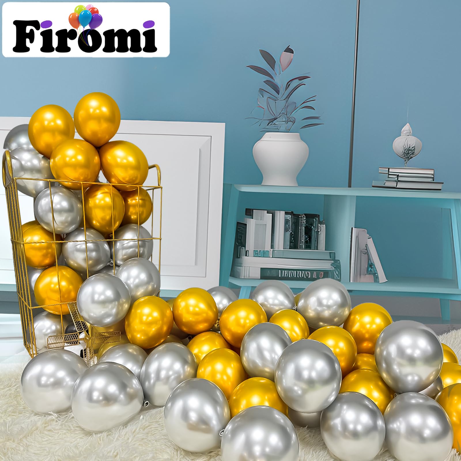 Firomi Metallic Silver 5-Inch Latex Balloons – 100 Pack with 2 Ribbons for Weddings & Parties
