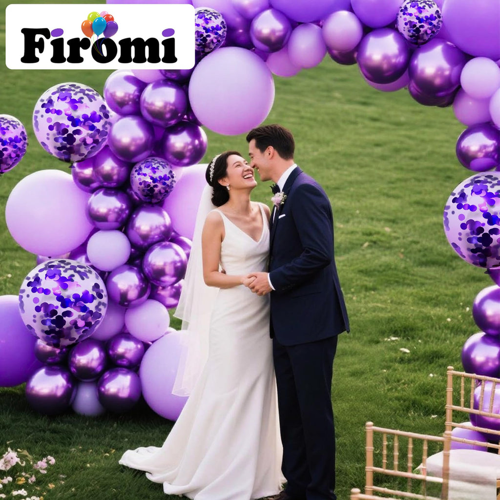 Firomi Metallic Purple Balloons Set – 70-Pack 12in Chrome Purple, Lavender & Confetti with 2 Ribbons