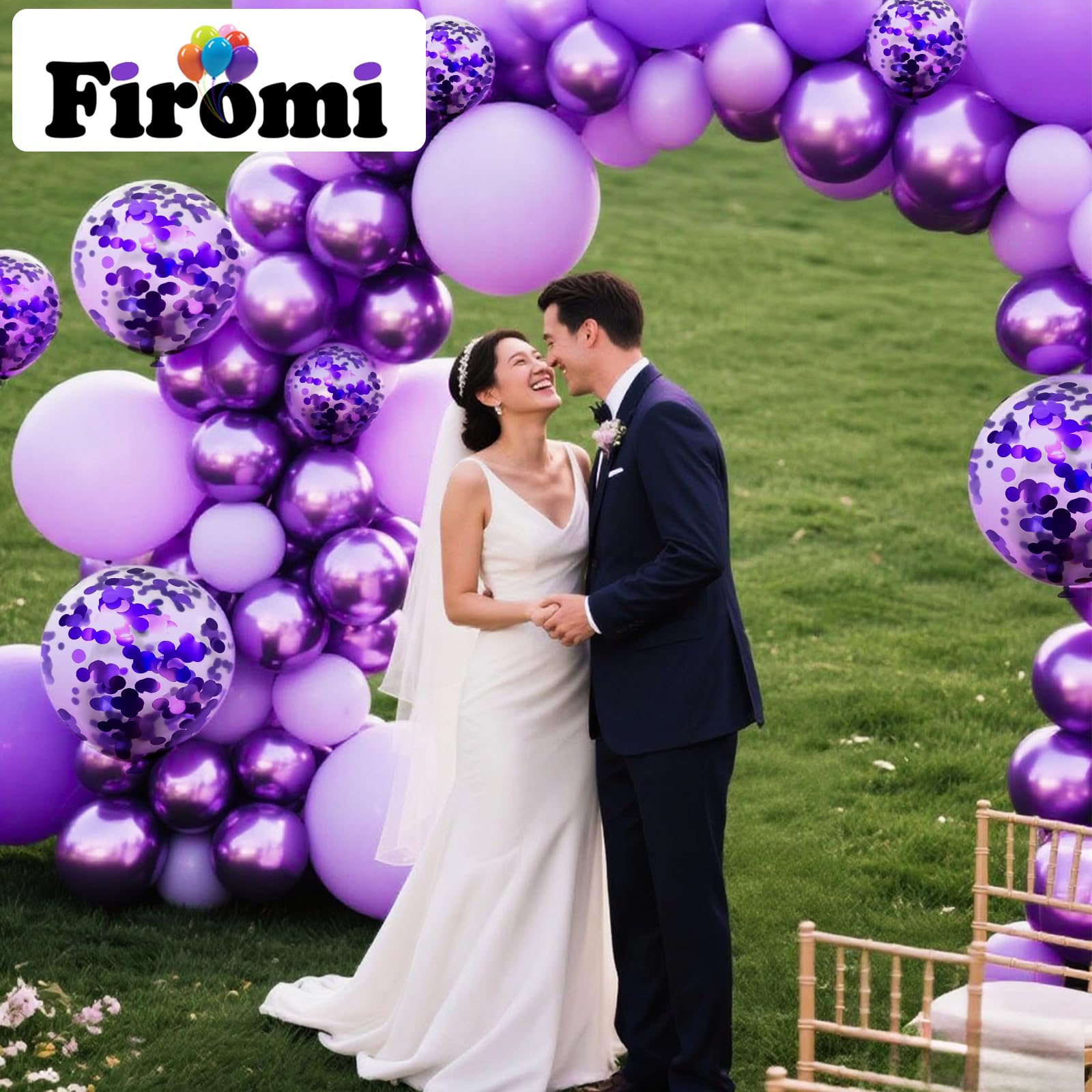 Firomi Metallic Purple Balloons Set – 70-Pack 12in Chrome Purple, Lavender & Confetti with 2 Ribbons