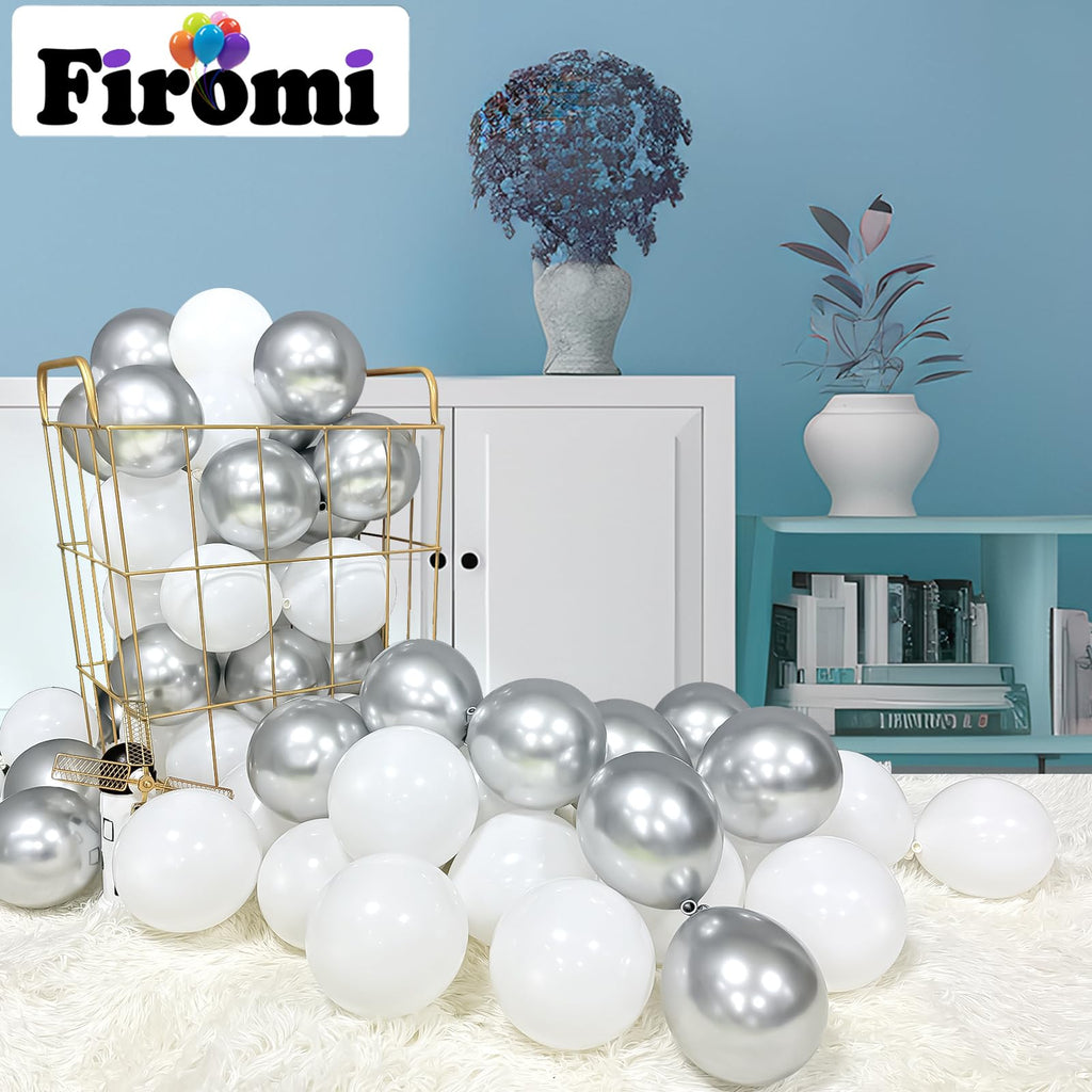 Firomi Metallic Silver 5-Inch Latex Balloons – 100 Pack with 2 Ribbons for Weddings & Parties