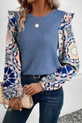 Floral Sleeve Waffle Knit Ruffle Blouse Women UK