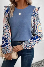 Floral Sleeve Waffle Knit Ruffle Blouse Women UK
