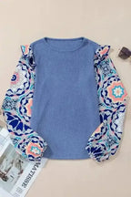 Floral Sleeve Waffle Knit Ruffle Blouse Women UK