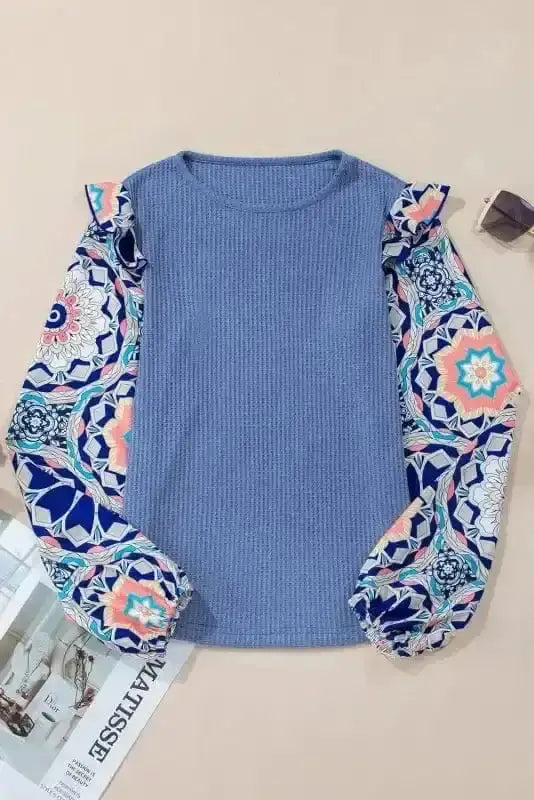 Floral Sleeve Waffle Knit Ruffle Blouse Women UK